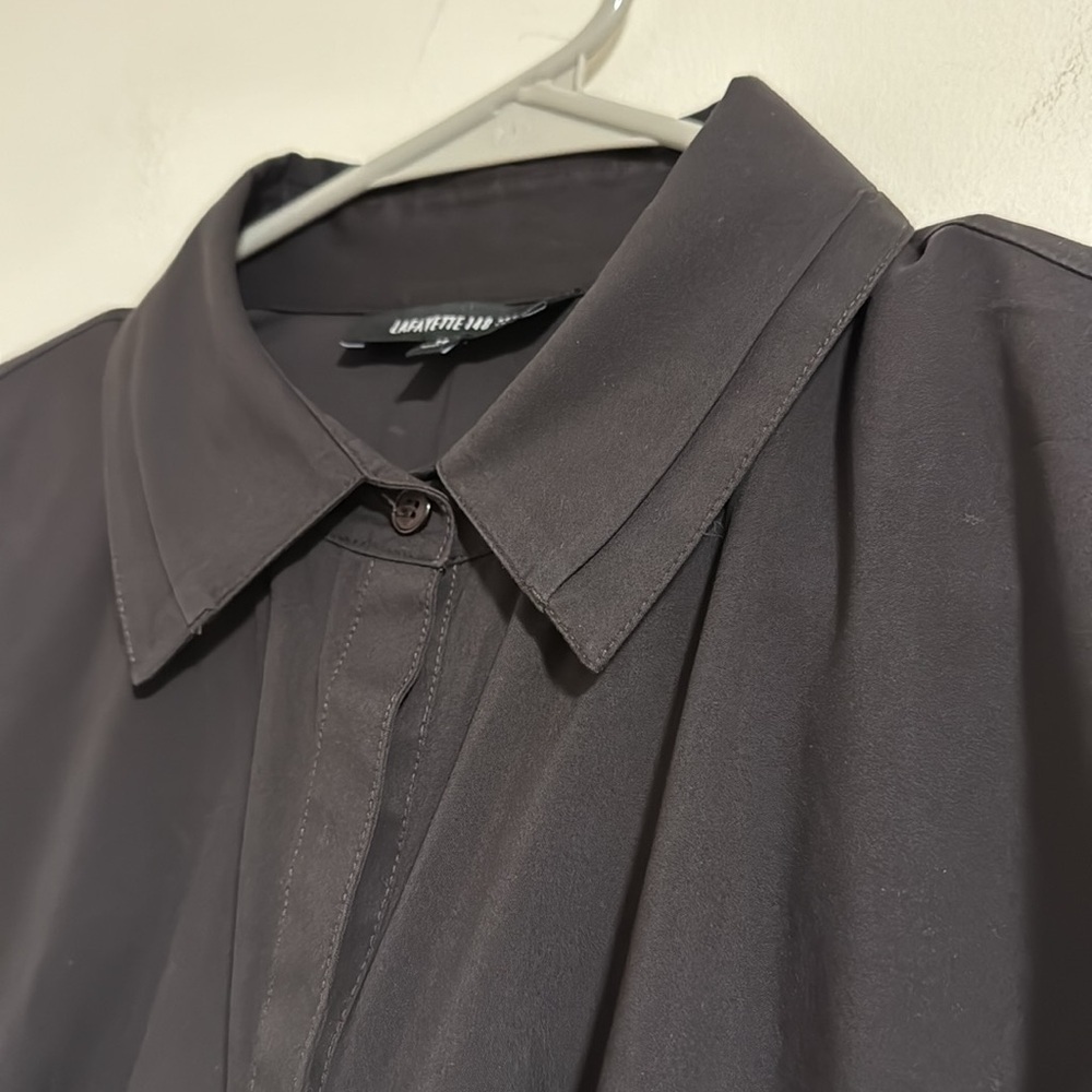 Lafayette 148 New York black ruched gathered waist 3/4 sleeve button down blouse - Picture 4 of 6